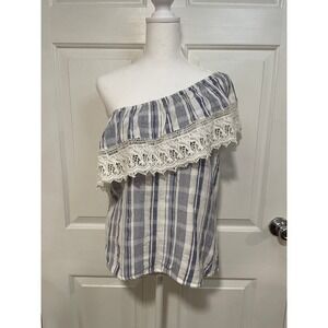 Angie One‎ Shoulder Top Lace Trim Striped Casual Blouse Blue White M Boho Hippie